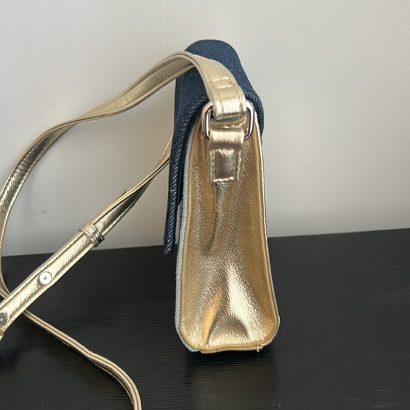 JOSEPH RIBKOFF Patchwork Denim & Metallic Gold Tassel Mini Crossbody Purse - Picture 6 of 15